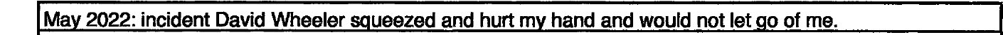 Petition line reading: May 2022: incident David Wheeler squeezed and hurt my hand and would not let go of me.