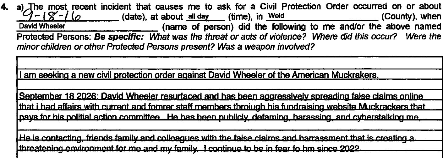 Most recent incident section listing September 18, 2026, all day, Weld County, describing online publication of an ethics complaint.