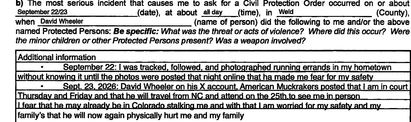 Most serious incident section: September 22 tracked and photographed running errands; Sept 23 tweet about court dates; fear he may already be in Colorado.